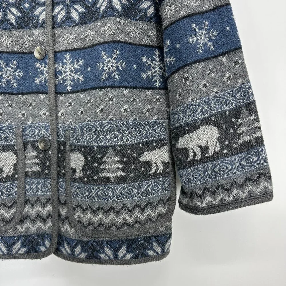Vintage Fair Isle Wool Jacket M Bear Trees Shacket Button Down Gray Blue